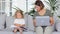 Mother and daughter work study woman with laptop near girl