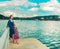 Mother and daughter at Xuan Huong Lake, Dalat, Vietnam.  Panoramic view of Da Lat city, little Paris of Vietnam