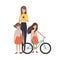 Mother and daughters with bicycle avatar character