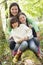 Mother and daughters outdoors in woods sitting