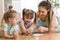 Mother and daughters sitting in a playroom, playing a ludo game and enjoying their time together