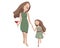 Mother and daugther spend time together. They walk and gether flowers.Flat style