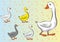 Mother duck and her little happy ducks with footprints background