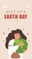 Mother Earth day stories template. Cute girl expresses love to planet. Caring for Nature. Banner, brochure and poster