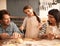 Mother, father and child with baking dough in kitchen with flour, happiness and teaching with support. Family, parents