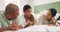 Mother, father and child on bed to talk, relax and quality time together for happy interracial family in home