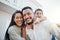 Mother, father and child with smile for family portrait, piggyback or bonding outside the house. Happy mom and dad