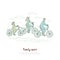 Mother, father and daughter ride bicycles, sport recreation, little girl training with parents, family sport banner