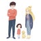 Mother, father, daughter and small puppy in cartoon childish style