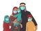 Mother Father daughter and son wear medical masks. Virus and disease prevention. Middle Eastern Arab Muslim Persons. Vector Family