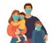 Mother Father and daughter wear medical masks. Virus and disease prevention. Vector Family illustration