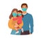 Mother Father and daughter wear medical masks. Virus and disease prevention. Vector Family illustration