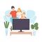 Mother, Father and Sin Sitting on Sofa and Watch Movie, Family in Everyday Life at Home Vector Illustration