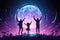 Mother Father, Son And Daughter Jump In A Holographic Puffer On The Big Moon Background