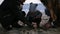 Mother and father with their child toddler boy playing with the sand in cold cloudy windy weather, man helps small boy