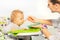 Mother feed toddler baby boy from plastic spoon