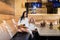 Mother and girl in a beautiful room at the table. Family in the sauna