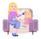 Mother gives the baby to drink from a cup. How to take care of the child flat vector illustration