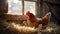 A mother hen with chicks in rustic barn setting. warm light illuminates poultry. peaceful farm life captured in a