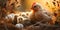 Mother hen protects chicks in sunlight reflecting organic farmings nurturing essence. Concept Organic farming, Mother hen,
