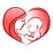 Mother with her baby, heart, outline vector silhouette, mother care icon.