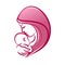 Mother with her baby, outline vector silhouette, mother care icon.