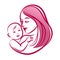 Mother with her baby, outline vector silhouette, mother care icon.