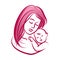 Mother with her baby, outline vector silhouette, mother care icon.