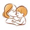 Mother with her baby, outline vector silhouette, mother care icon.