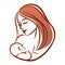 Mother with her baby, outline vector silhouette, mother care icon.