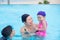 Mother and her children happy in swimming pool