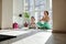 Mother and her daughter practice yoga on a fitness mat sitting in lotus position at home on a beautiful sunny day. Enjoying