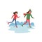 Mother and her daughter skating on ice. Winter activity. Young happy woman and girl in warm clothes. Flat vector design