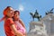 Mother is holding daughter, equestrian monument
