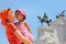 Mother is holding daughter, equestrian monument