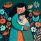 Mother holding her baby, watercolour gouache textured paper,illustrator,storybook style, subtle patterns