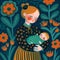 Mother holding her baby, watercolour gouache textured paper,illustrator,storybook style, subtle patterns