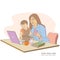 Mother holding her infant baby, sitting at desk and working on computer at home. Female freelance worker with child at workplace.