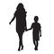 Mother holding her son by hand and going forward, isolated vector silhouette