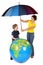 Mother holding umbrella under globe and son