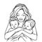 Mother holds two children in her arms in a minimalist style. Design for pictures, family planning center, mother and child clinic