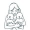 Mother holds two children in her arms in a minimalist style. Design for pictures, family planning center, mother and child clinic