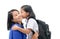 Mother hug and kiss cute girl student