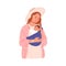 Mother hugging child in baby sling. Mom carrying little kid in wrap ring. Woman with happy infant in cloth carrier. Mum