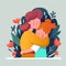Mother hugging daugther. Vector thin line icon illustration for concepts like Mother\\\'s day. Woman holding little girl