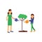 Mother and kid girl cartoon characters growing and watering tree, ecological lifestyle concept