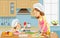 Mother and kid girl preparing healthy food at home together. Best mom ever. Mother and daughter cooking food together