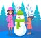 Mother and Kid Making Snowman in Winter Forest