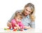 Mother and kid play with colorful puzzle toy