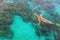 Mother, kid in snorkeling mask dive underwater with tropical fishes